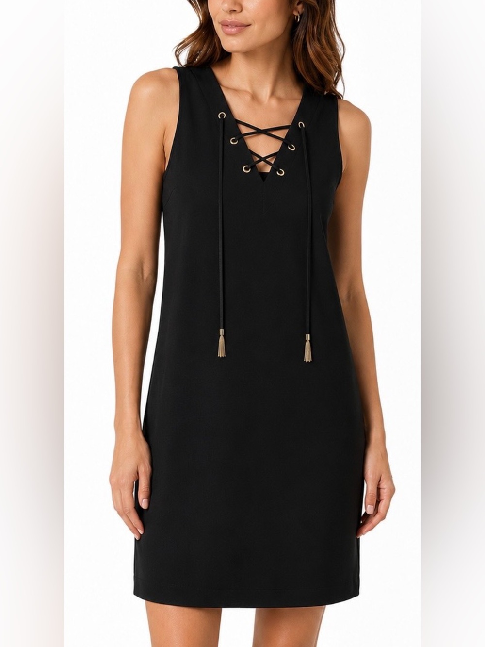 INC International Concepts Black Sleeveless VNeck Sheath Dress tassel gold Macys